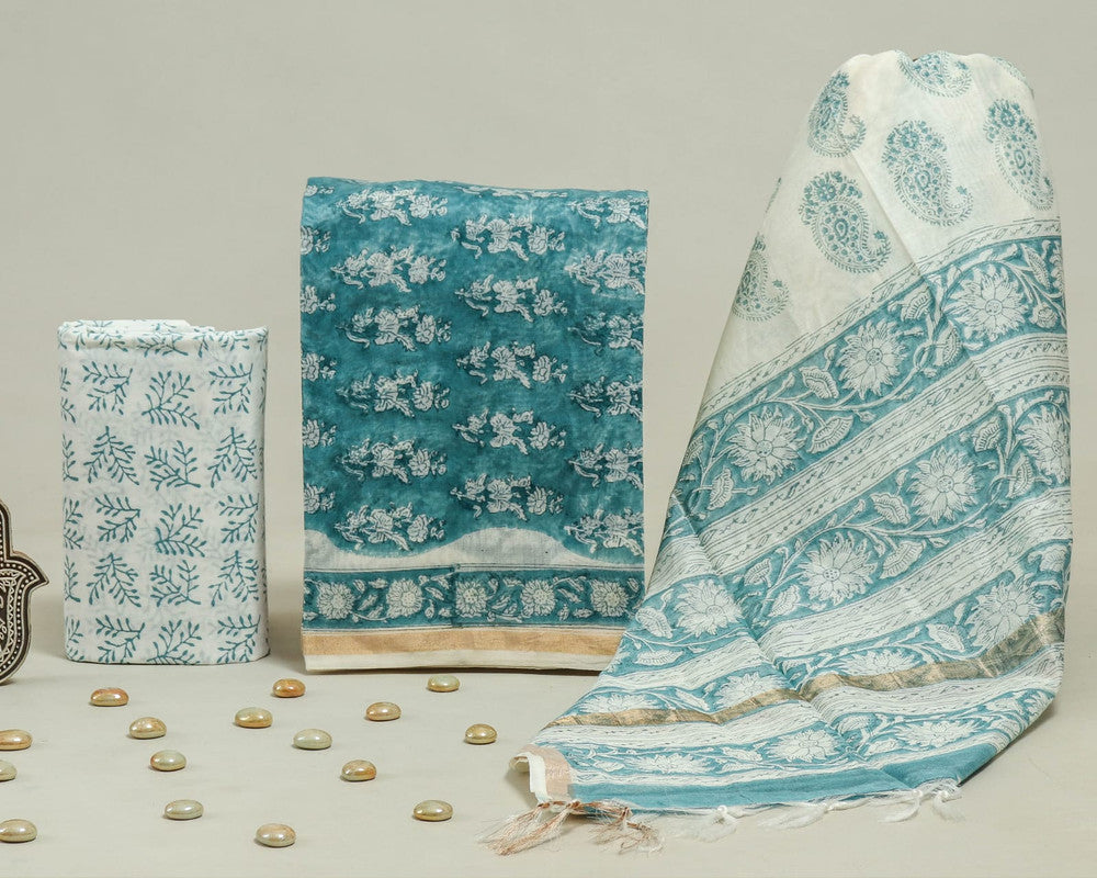 Exclusive Hand Block Print Chanderi Silk Suit Set ( CN0327 )