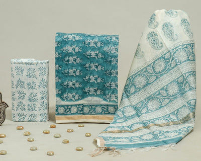 Exclusive Hand Block Print Chanderi Silk Suit Set ( CN0327 )