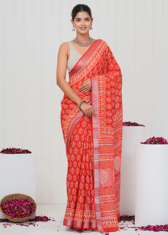 Hand Block Printed Cotton Linen Saree With Blouse ( LS0511 )