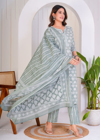 CALM GREEN ETHNIC STITCHED COTTON SUIT WITH COTTON DUPATTA ( CT1051 )