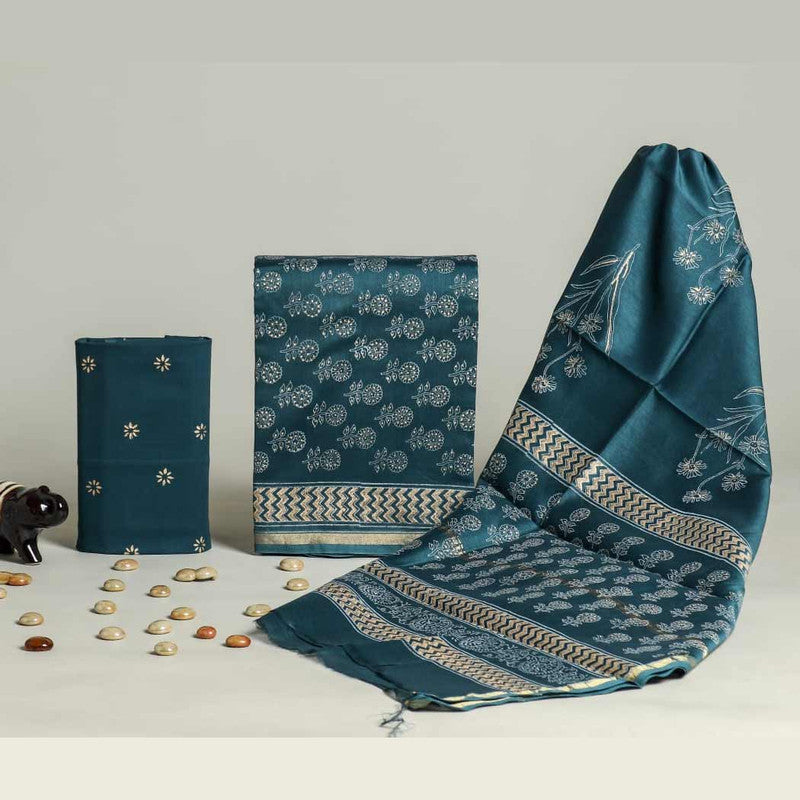 Exclusive Hand Block Print Chanderi Silk Suit Set ( CN28801)