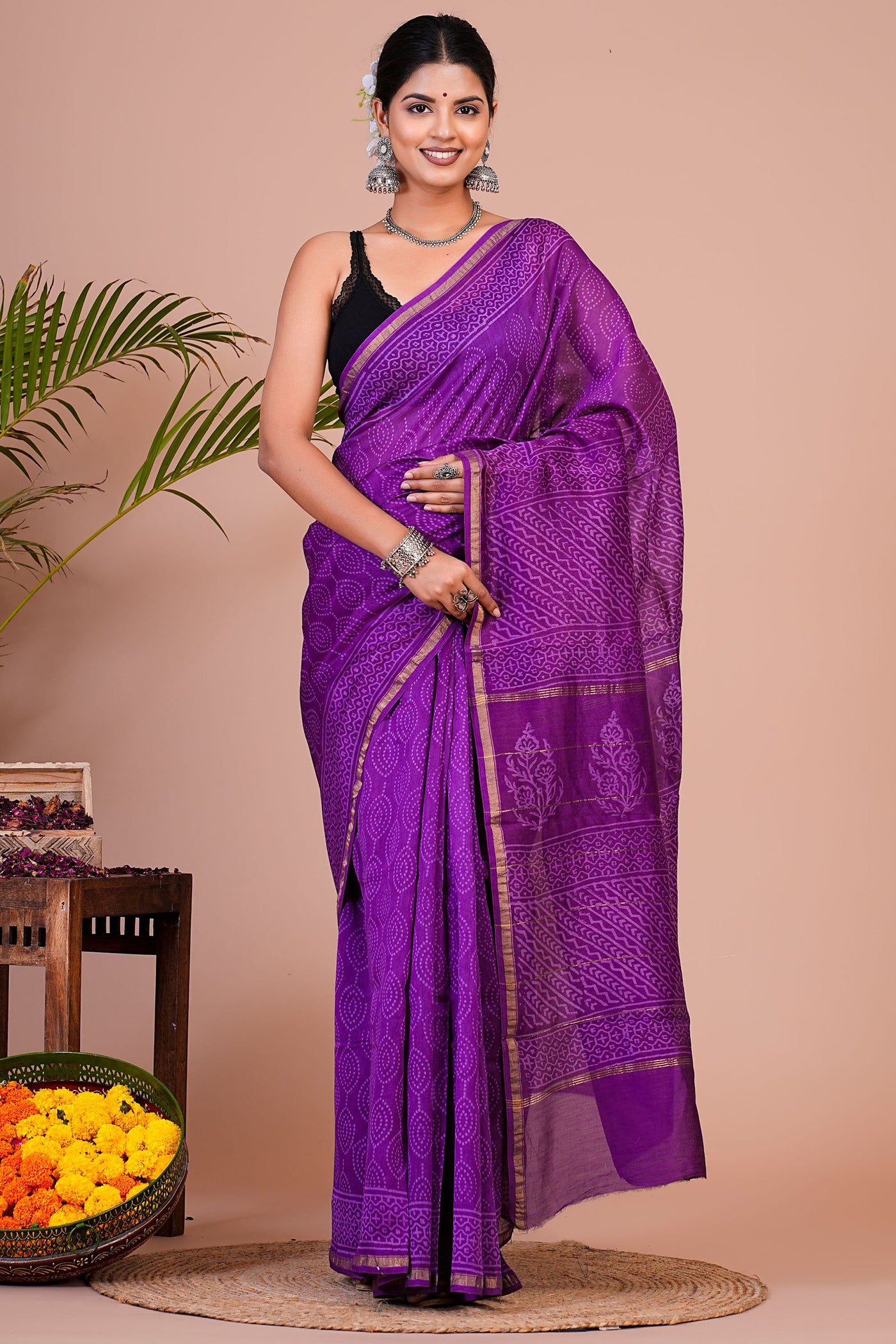 Chanderi Silk Bagru Print Saree with Zari Border ( CHS0506 )