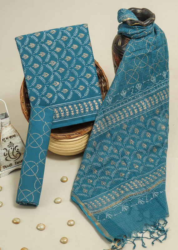 Khadi Gold Printed Cotton Suit Set with Kota Doria Dupatta ( CK1102 )