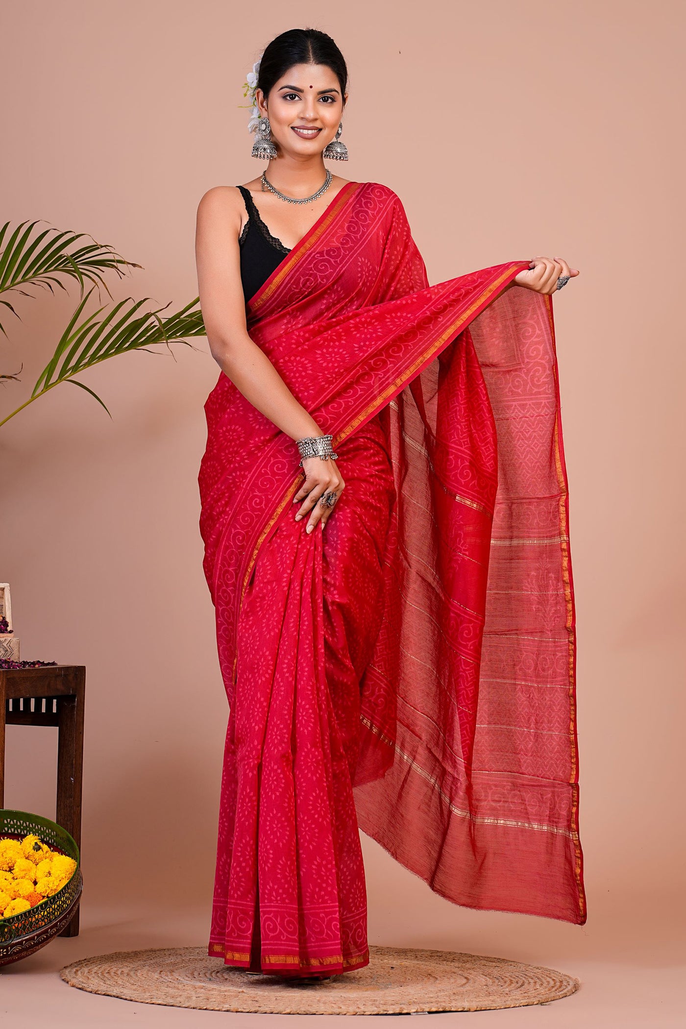 Chanderi Silk Bagru Print Saree with Zari Border ( CHS0510 )