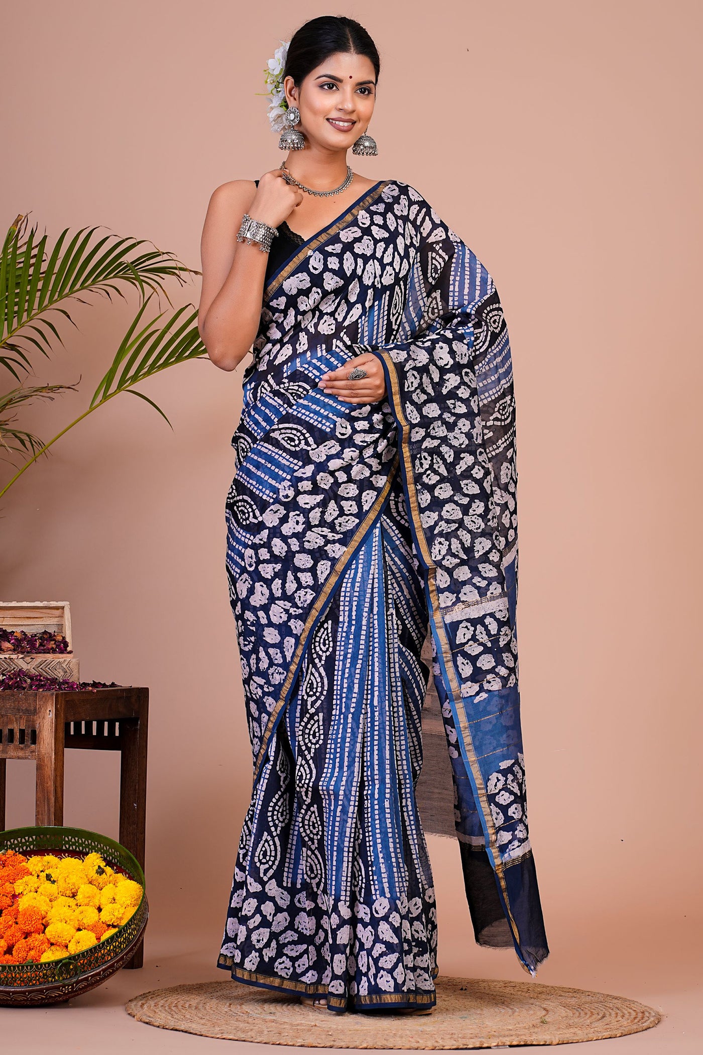 Chanderi Silk Bagru Print Saree with Zari Border ( CHS0511 )