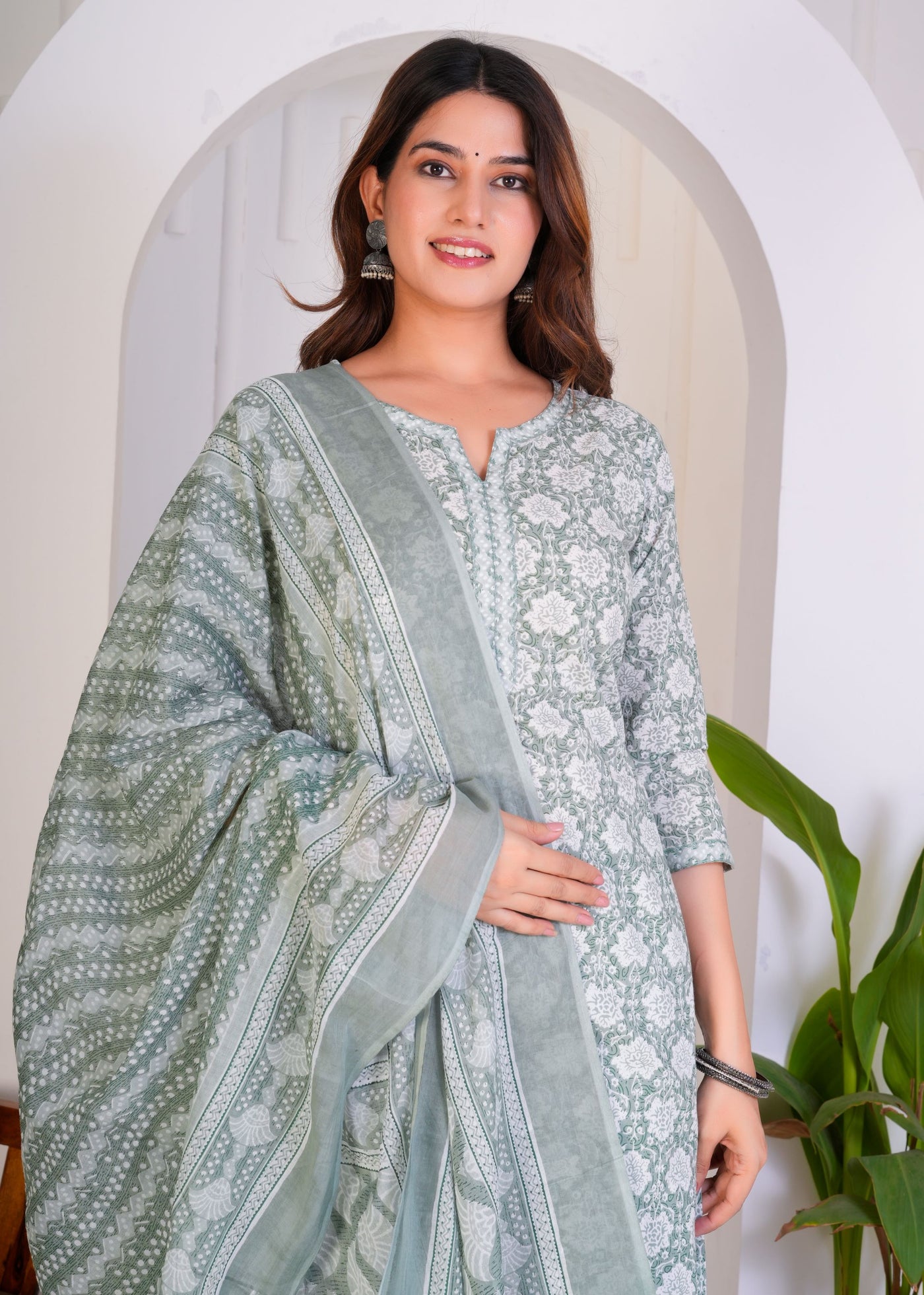 CALM GREEN ETHNIC STITCHED COTTON SUIT WITH COTTON DUPATTA ( CT1051 )