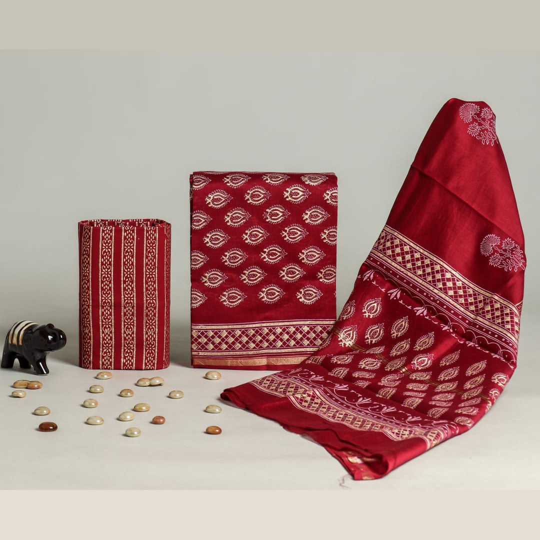Exclusive Hand Block Print Chanderi Silk Suit Set ( CN28802)