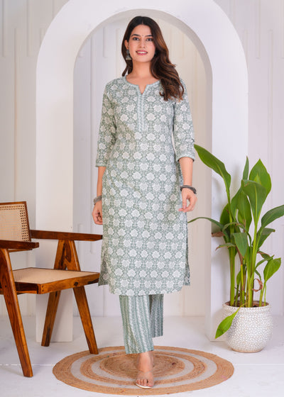 CALM GREEN ETHNIC STITCHED COTTON SUIT WITH COTTON DUPATTA ( CT1051 )