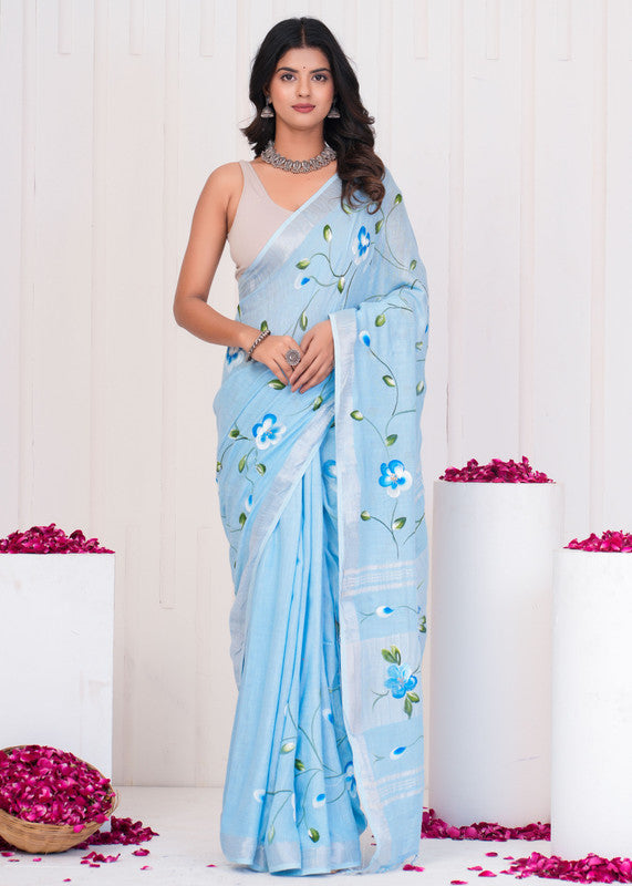 Hand Block Printed Cotton Linen Saree With Blouse ( LS0504 )