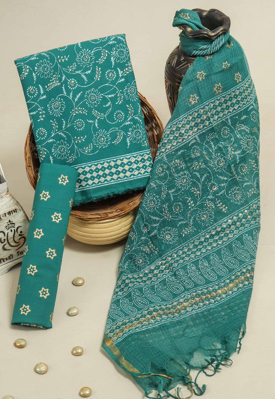 Khadi Gold Printed Cotton Suit Set with Kota Doria Dupatta ( CK1106 )