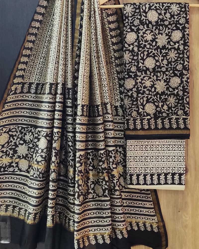 Exclusive Hand Block Print Chanderi Silk Suit Set ( CN3133)