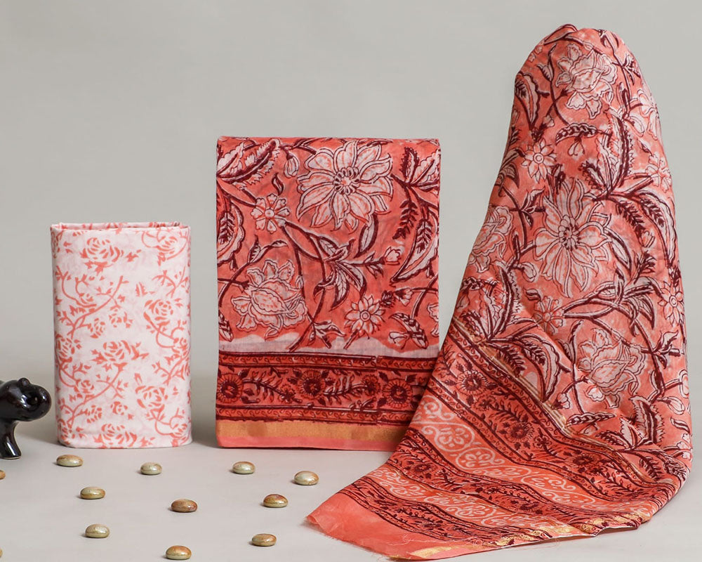 Exclusive Hand Block Print Chanderi Silk Suit Set ( CN080634)