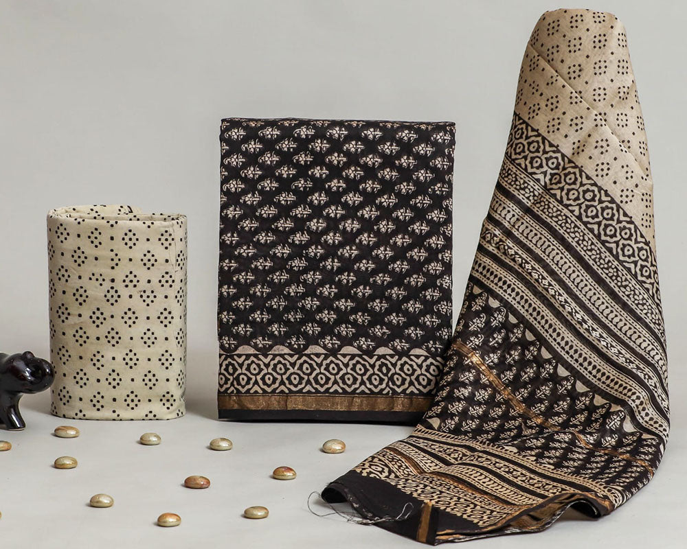 Exclusive Hand Block Print Chanderi Silk Suit Set ( CN3131 )
