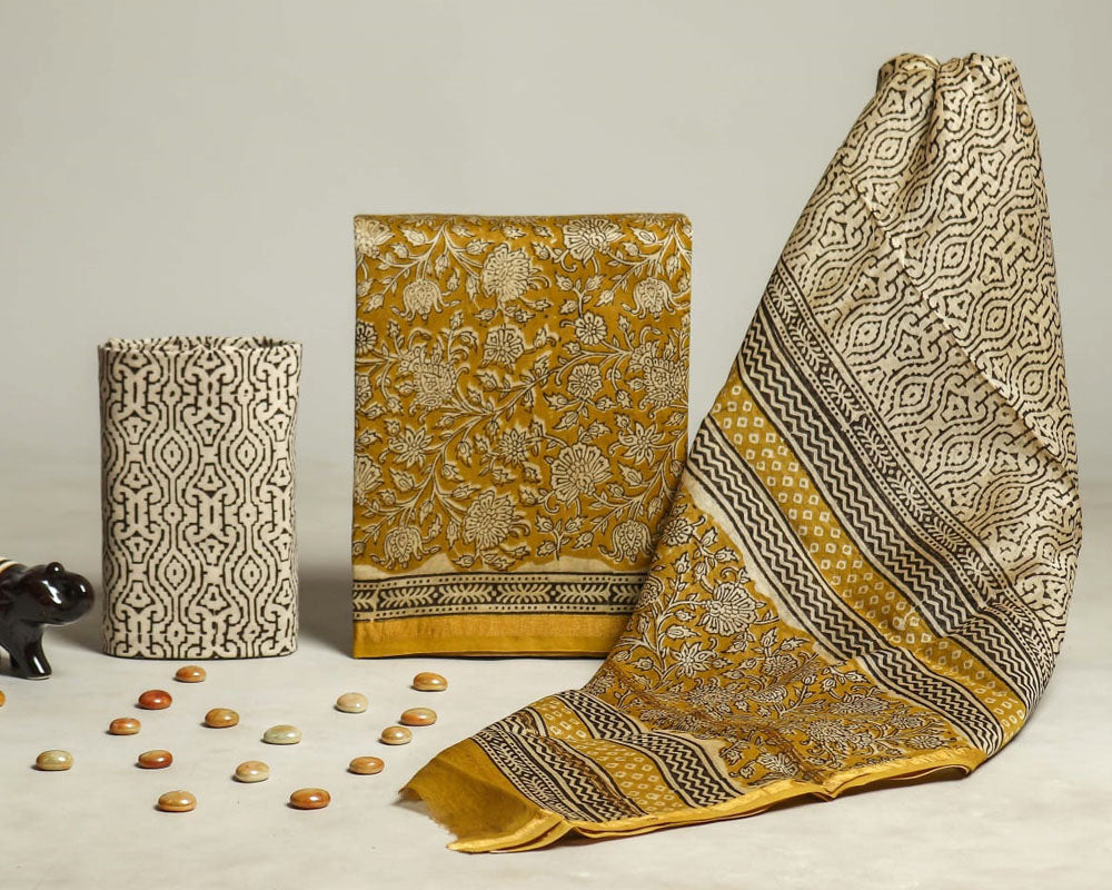 Exclusive Hand Block Print Chanderi Silk Suit Set ( CN241102)