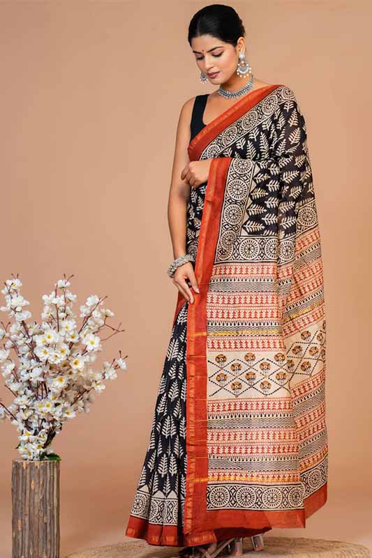 Chanderi Silk Bagru Print Saree with Zari Border ( C1492403)