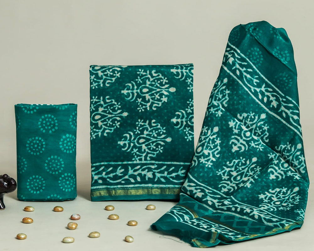 Exclusive Hand Block Print Chanderi Silk Suit Set ( CN090305)