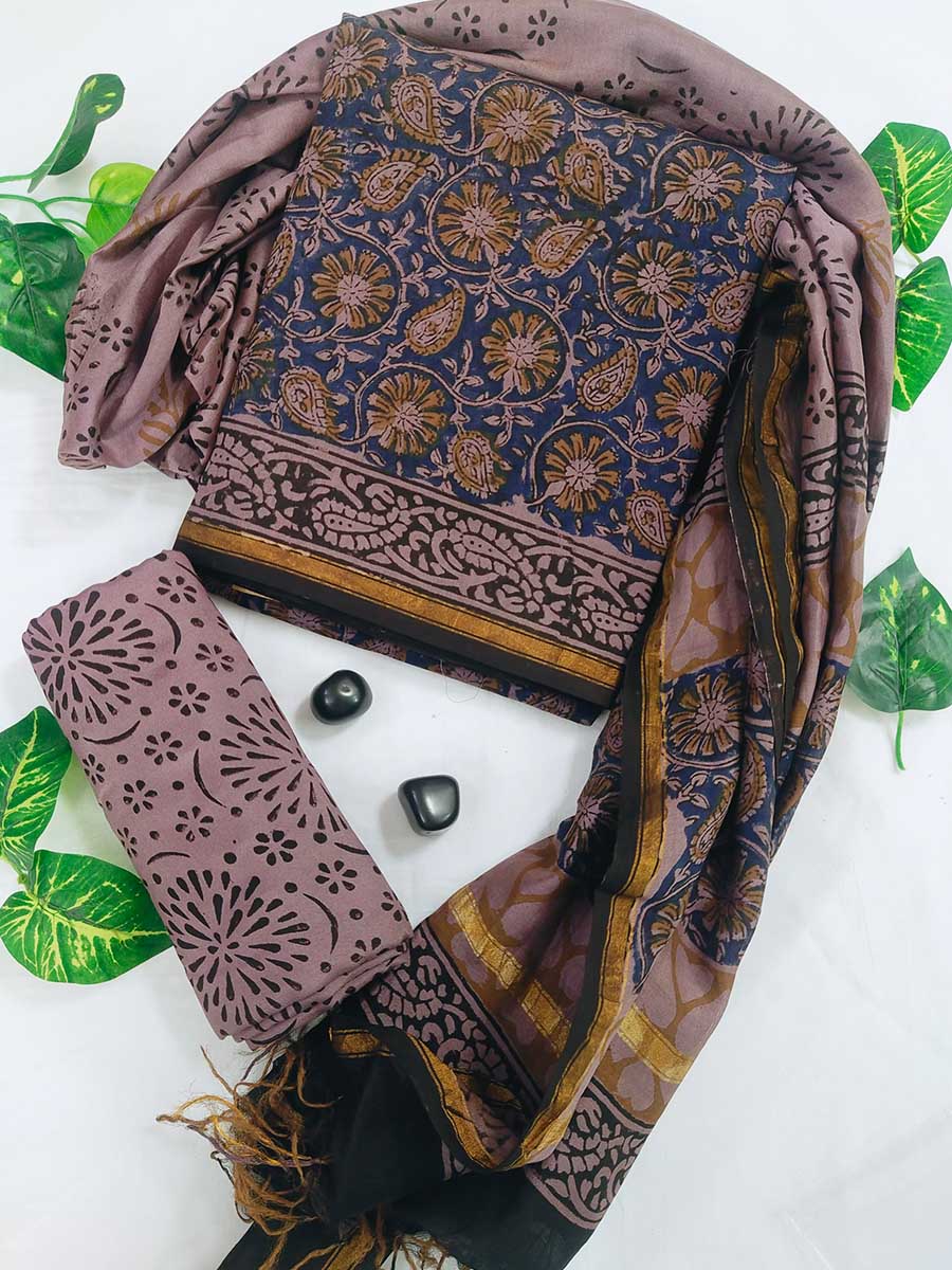 Exclusive Hand Block Print Chanderi Silk Suit Set ( CN2897)