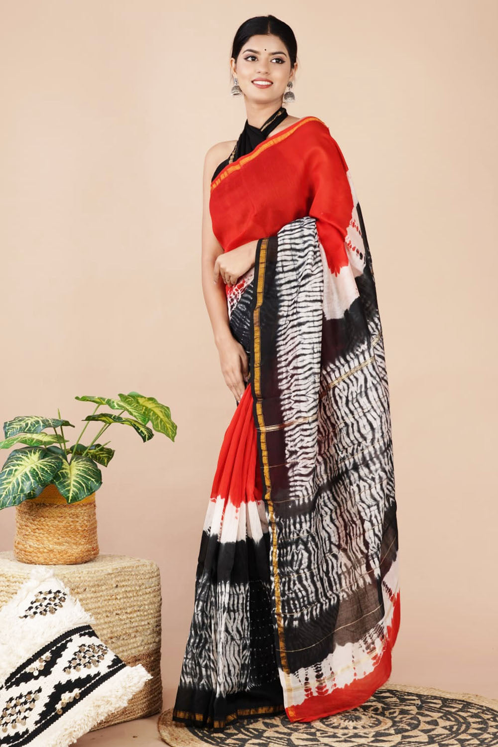 Chanderi Silk Bagru Print Saree with Zari Border ( CS240620)