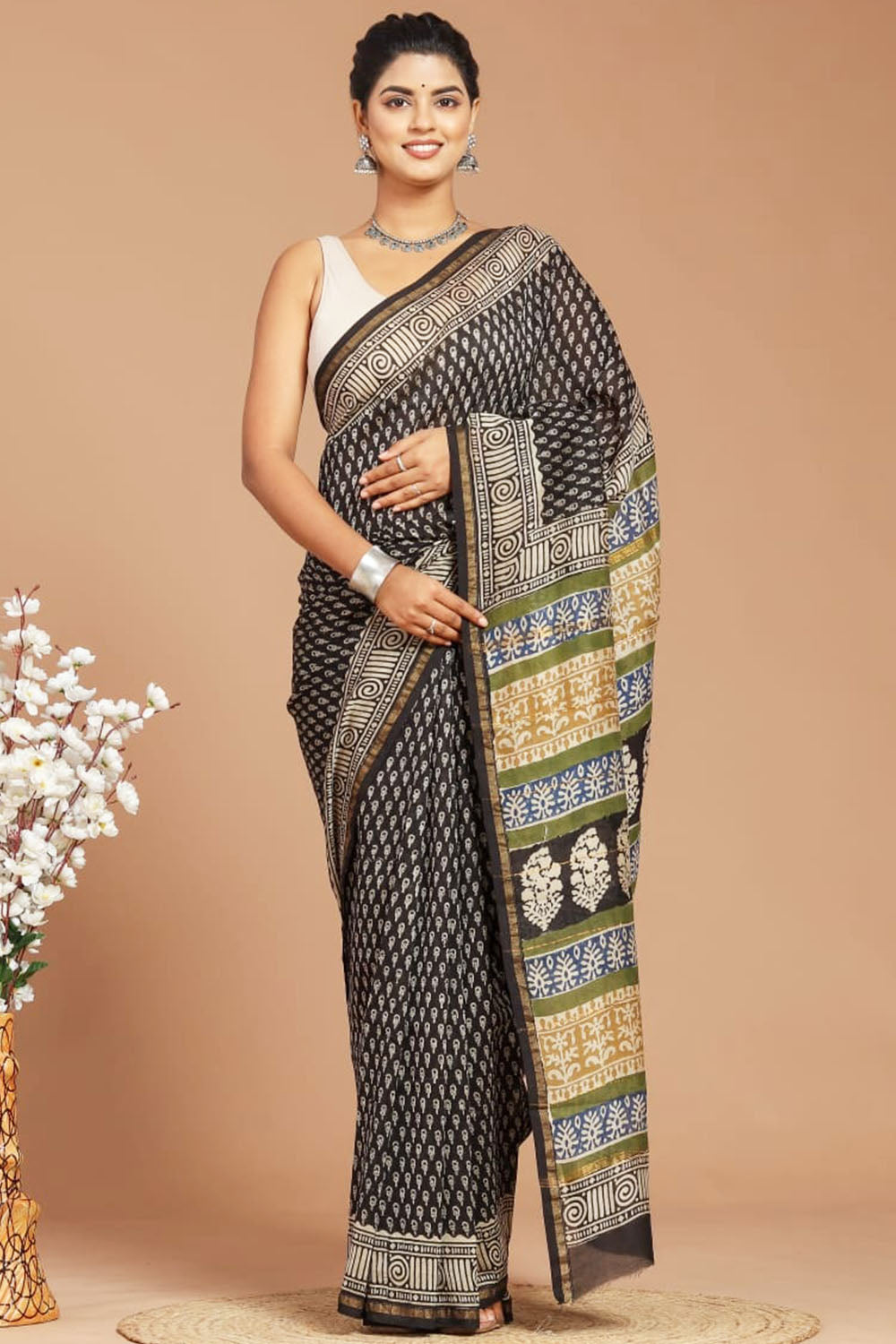 Chanderi Silk Bagru Print Saree with Zari Border ( CS240612 )