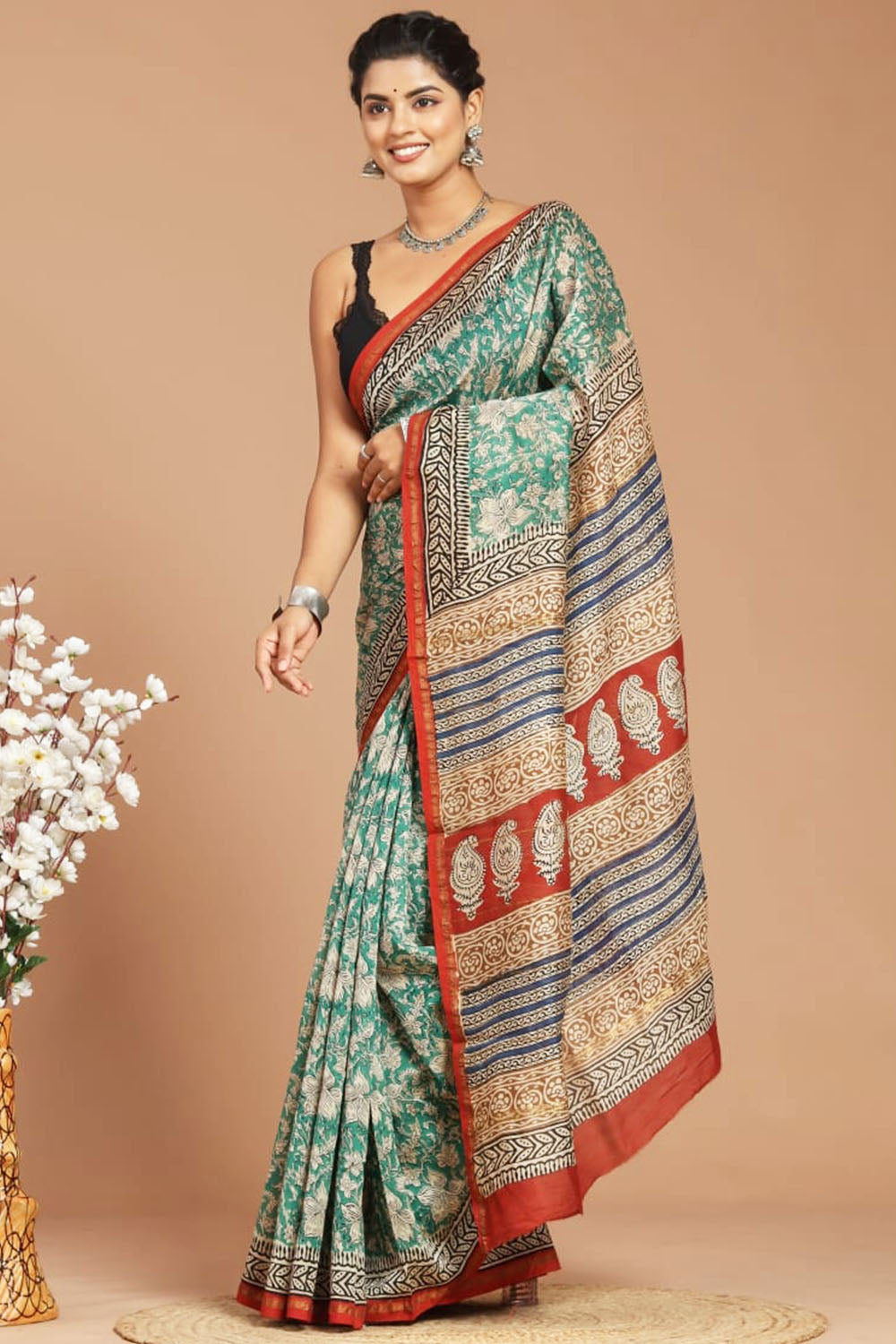 Chanderi Silk Bagru Print Saree with Zari Border ( CS240613 )