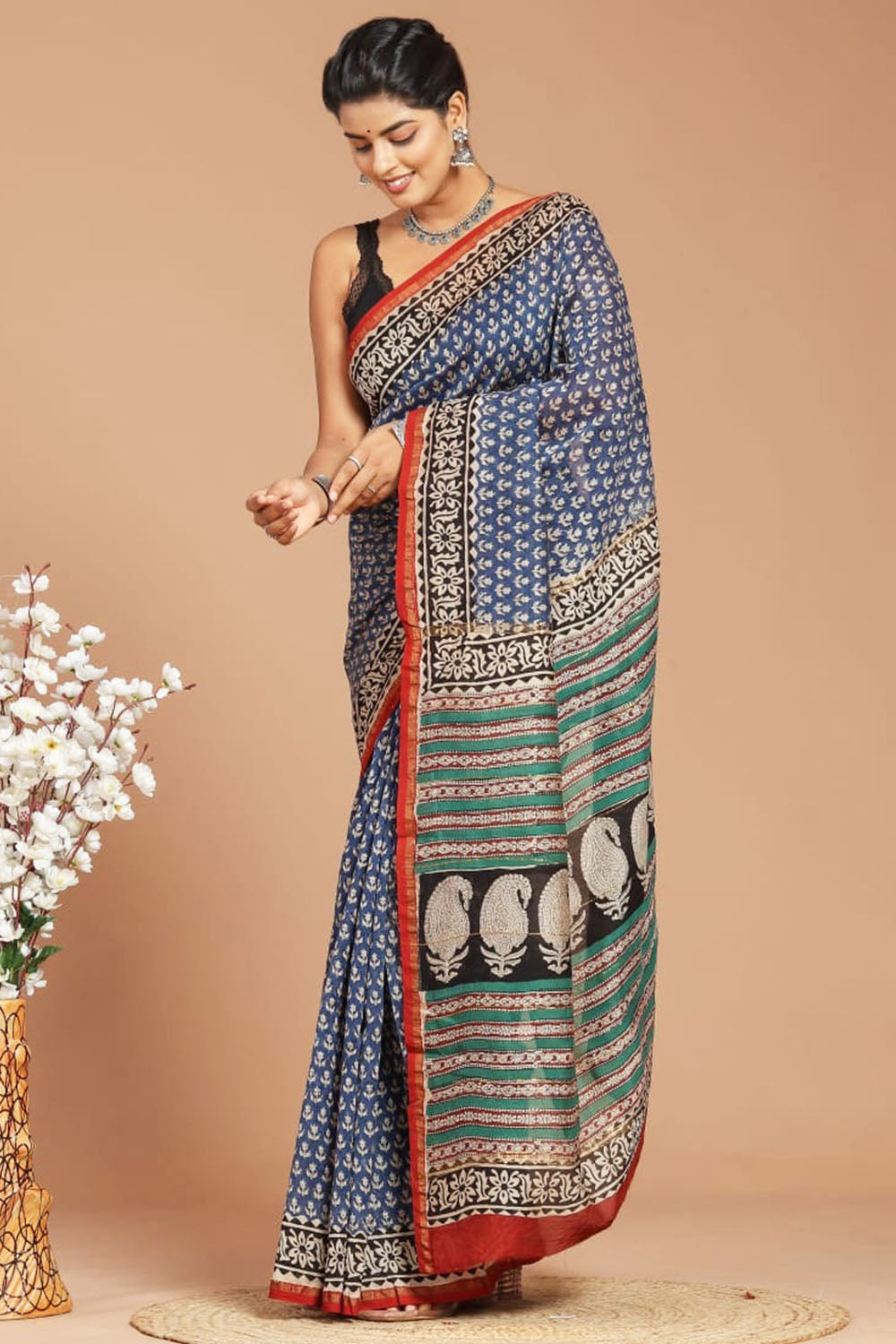 Chanderi Silk Bagru Print Saree with Zari Border ( CS240614)