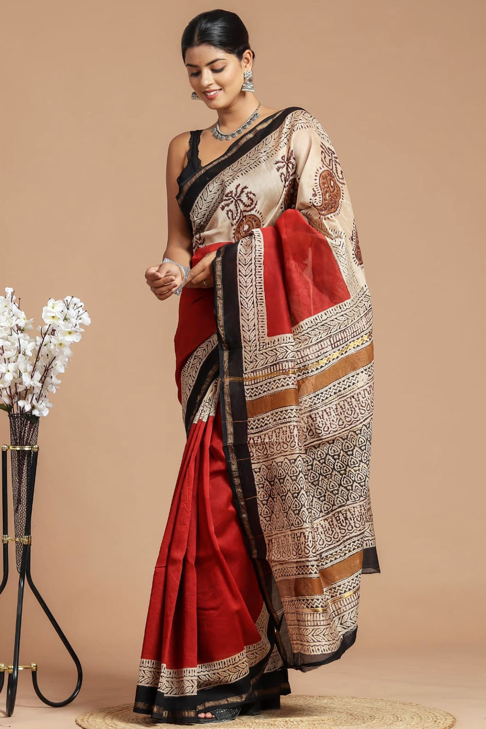 Chanderi Silk Bagru Print Saree with Zari Border ( CS240615)