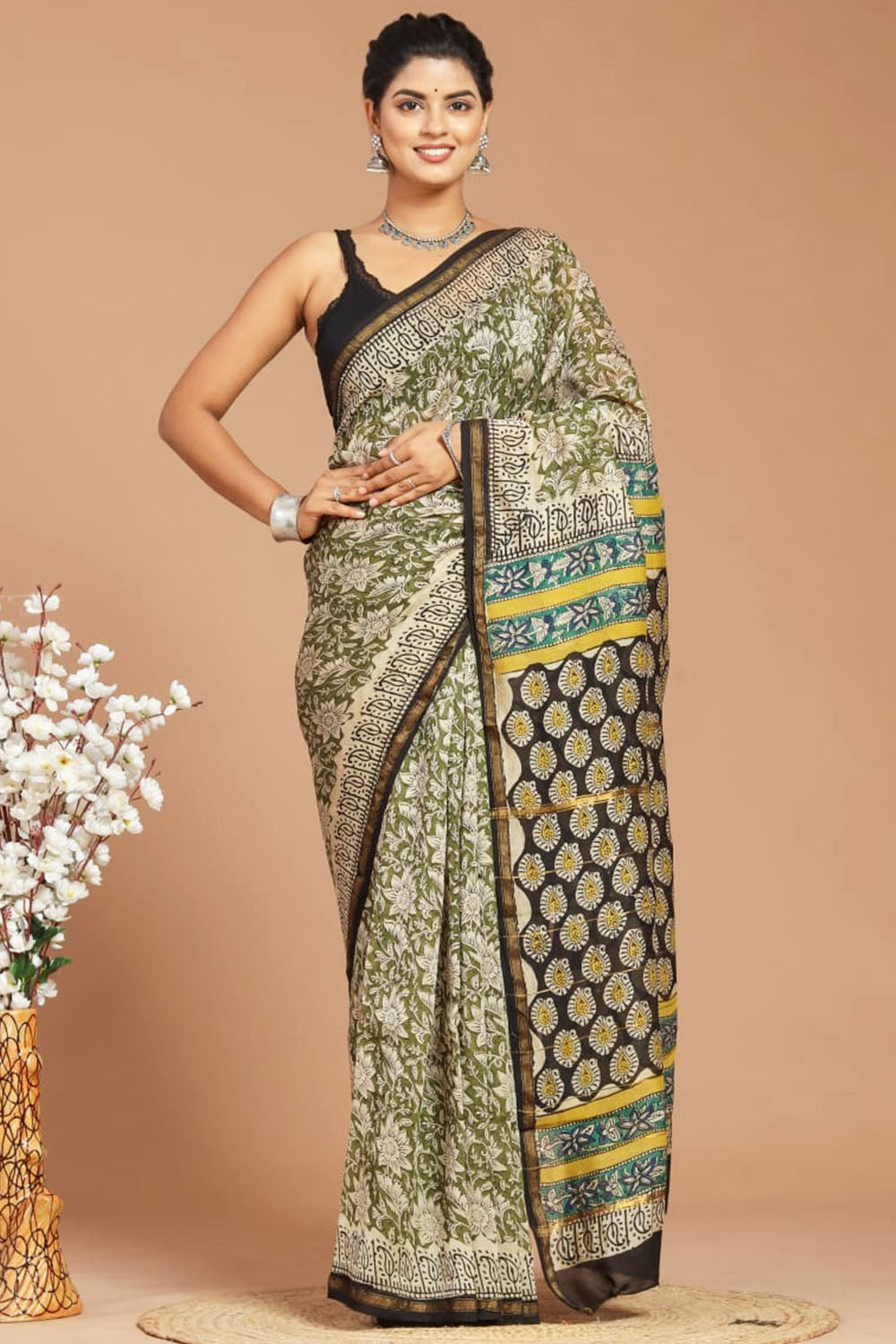 Chanderi Silk Bagru Print Saree with Zari Border ( CS240616)