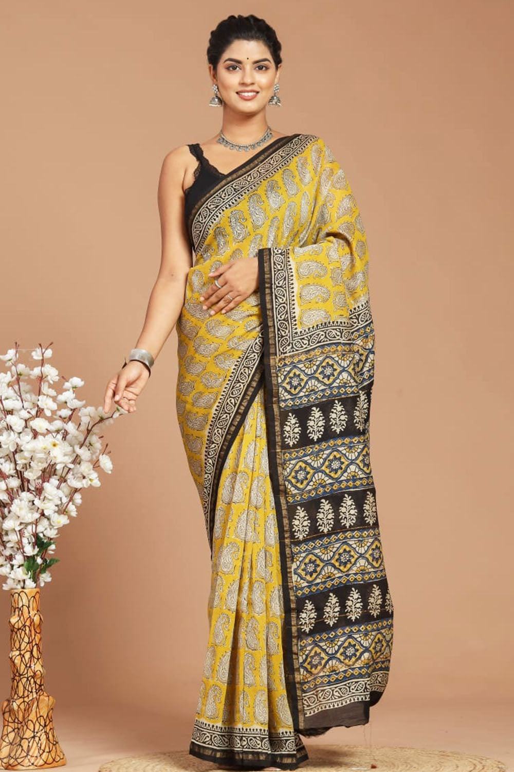 Chanderi Silk Bagru Print Saree with Zari Border ( BTSJ 108 )