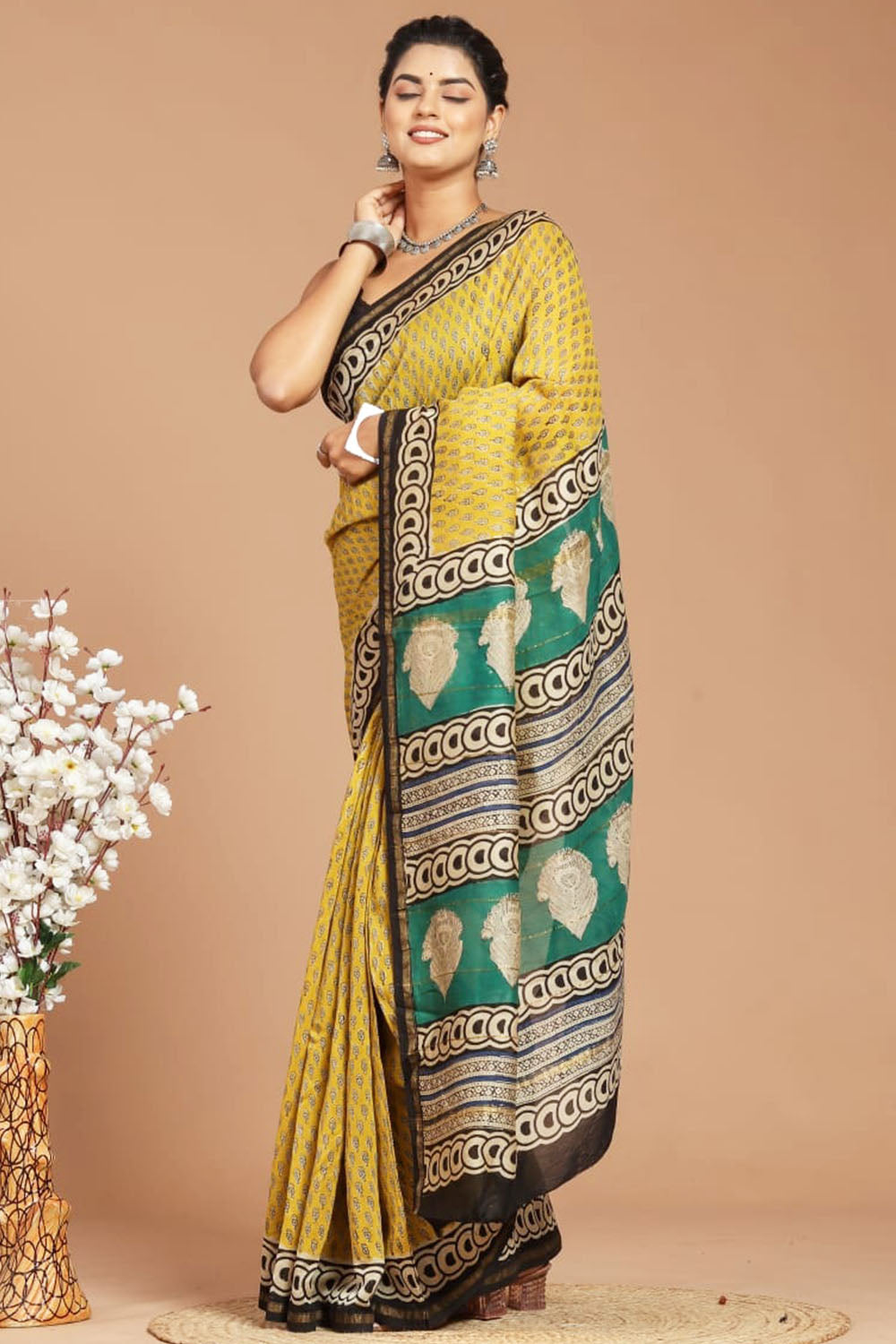 Chanderi Silk Bagru Print Saree with Zari Border ( CS240618)