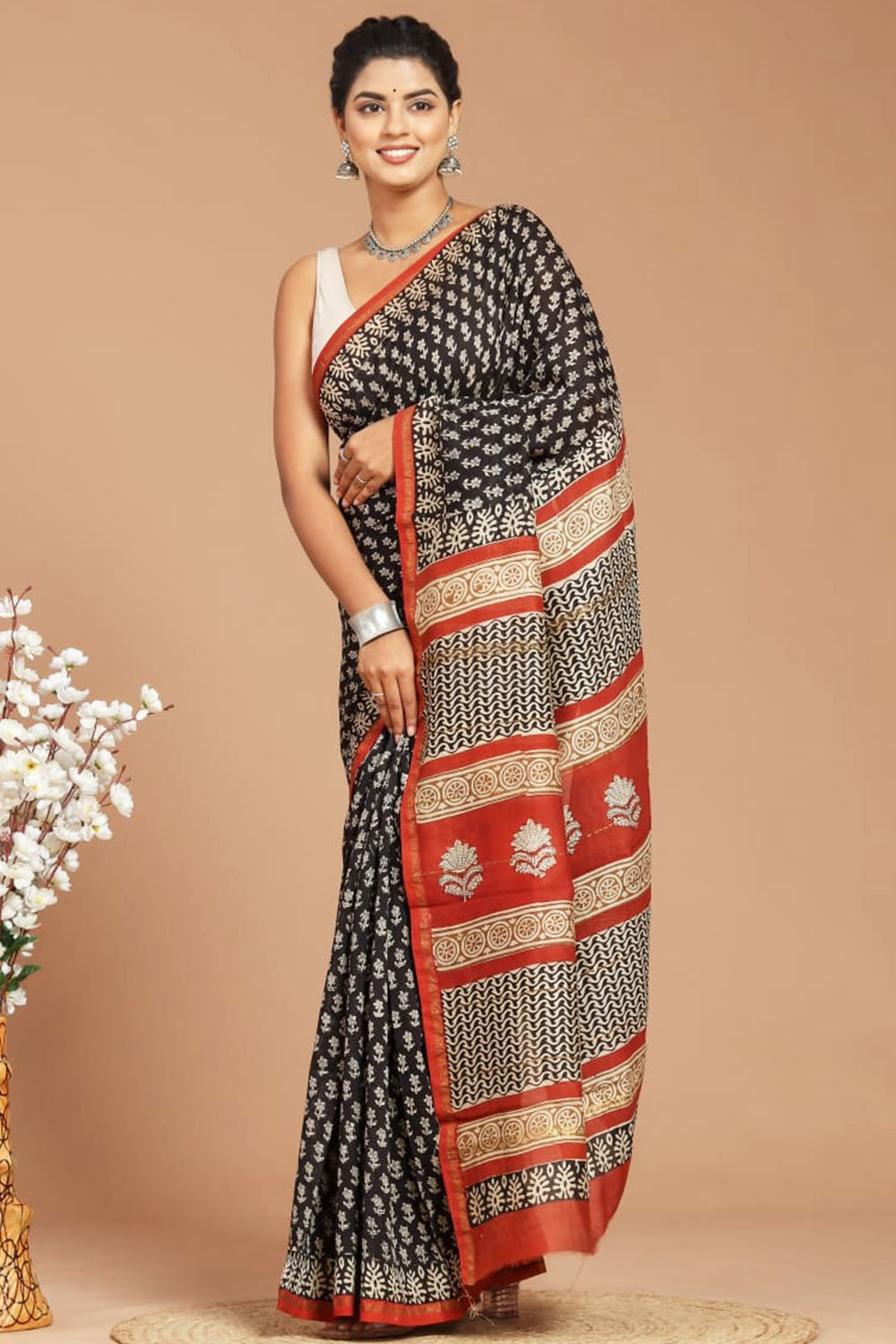 Chanderi Silk Bagru Print Saree with Zari Border ( CS240619)