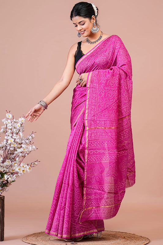 Chanderi Silk Bagru Print Saree with Zari Border ( CS1657)