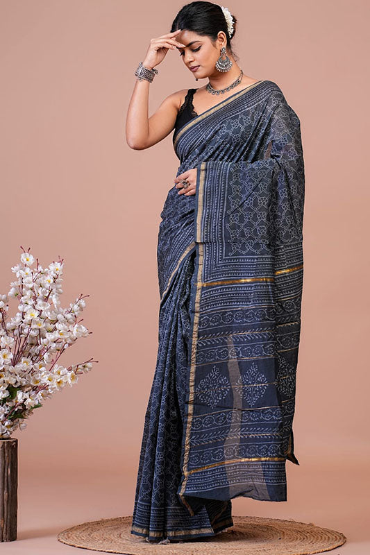 Chanderi Silk Bagru Print Saree with Zari Border ( CS1654)
