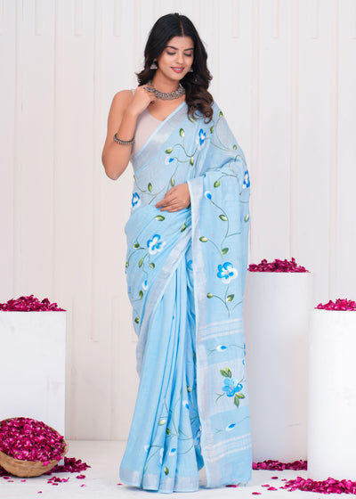 Hand Block Printed Cotton Linen Saree With Blouse ( LS0504 )