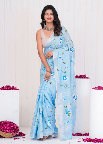 Hand Block Printed Cotton Linen Saree With Blouse ( LS0504 )