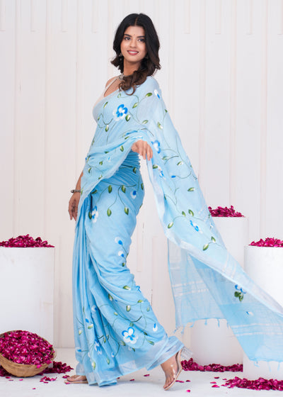 Hand Block Printed Cotton Linen Saree With Blouse ( LS0504 )