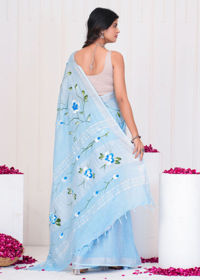 Hand Block Printed Cotton Linen Saree With Blouse ( LS0504 )