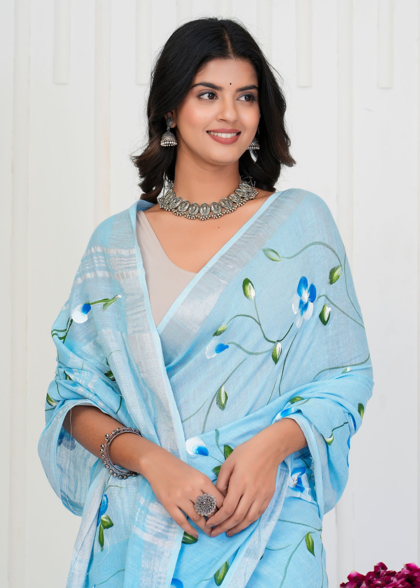 Hand Block Printed Cotton Linen Saree With Blouse ( LS0504 )