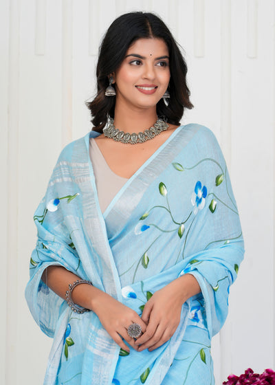 Hand Block Printed Cotton Linen Saree With Blouse ( LS0504 )
