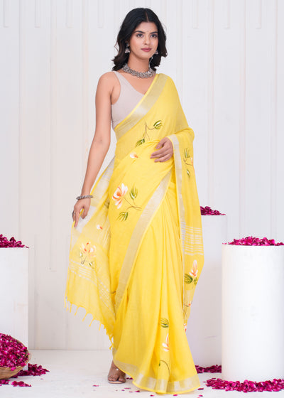 Hand Block Printed Cotton Linen Saree With Blouse ( LS0517 )