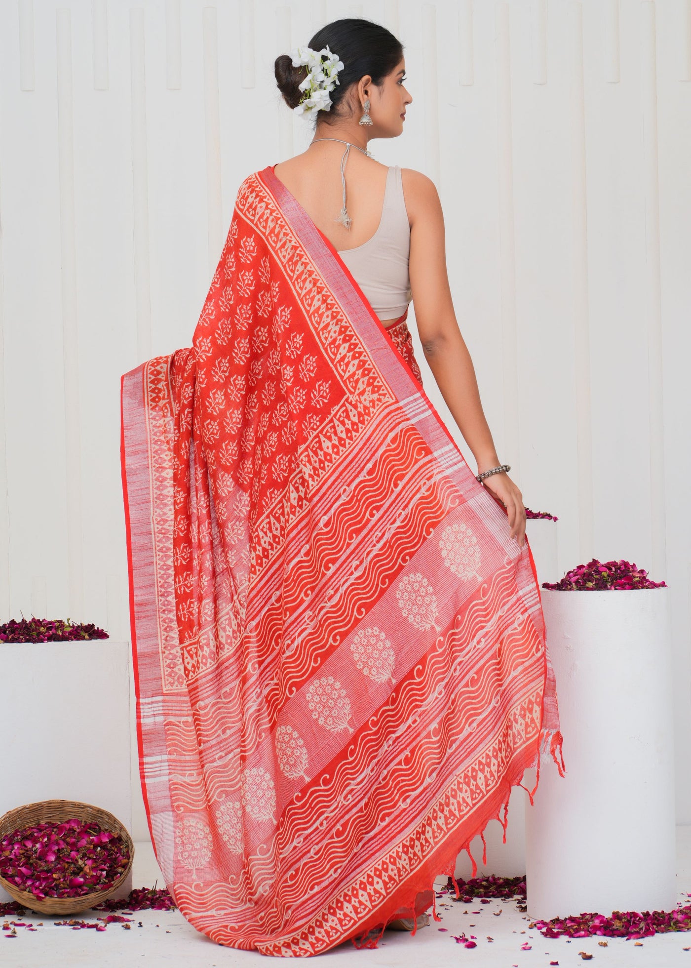 Hand Block Printed Cotton Linen Saree With Blouse ( LS0511 )