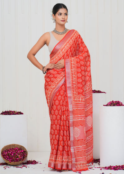 Hand Block Printed Cotton Linen Saree With Blouse ( LS0511 )