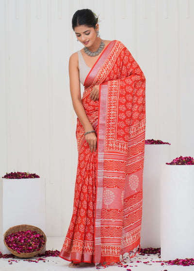 Hand Block Printed Cotton Linen Saree With Blouse ( LS0511 )