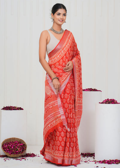 Hand Block Printed Cotton Linen Saree With Blouse ( LS0511 )