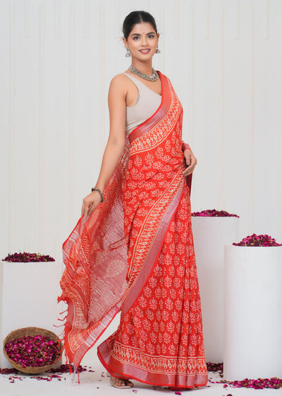 Hand Block Printed Cotton Linen Saree With Blouse ( LS0511 )