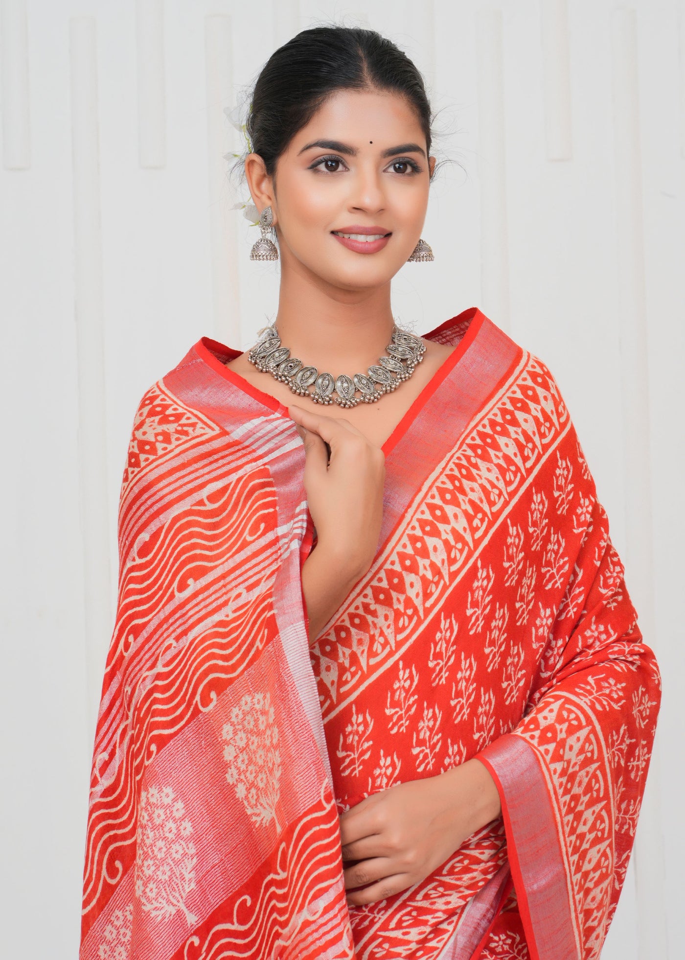 Hand Block Printed Cotton Linen Saree With Blouse ( LS0511 )