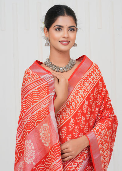 Hand Block Printed Cotton Linen Saree With Blouse ( LS0511 )