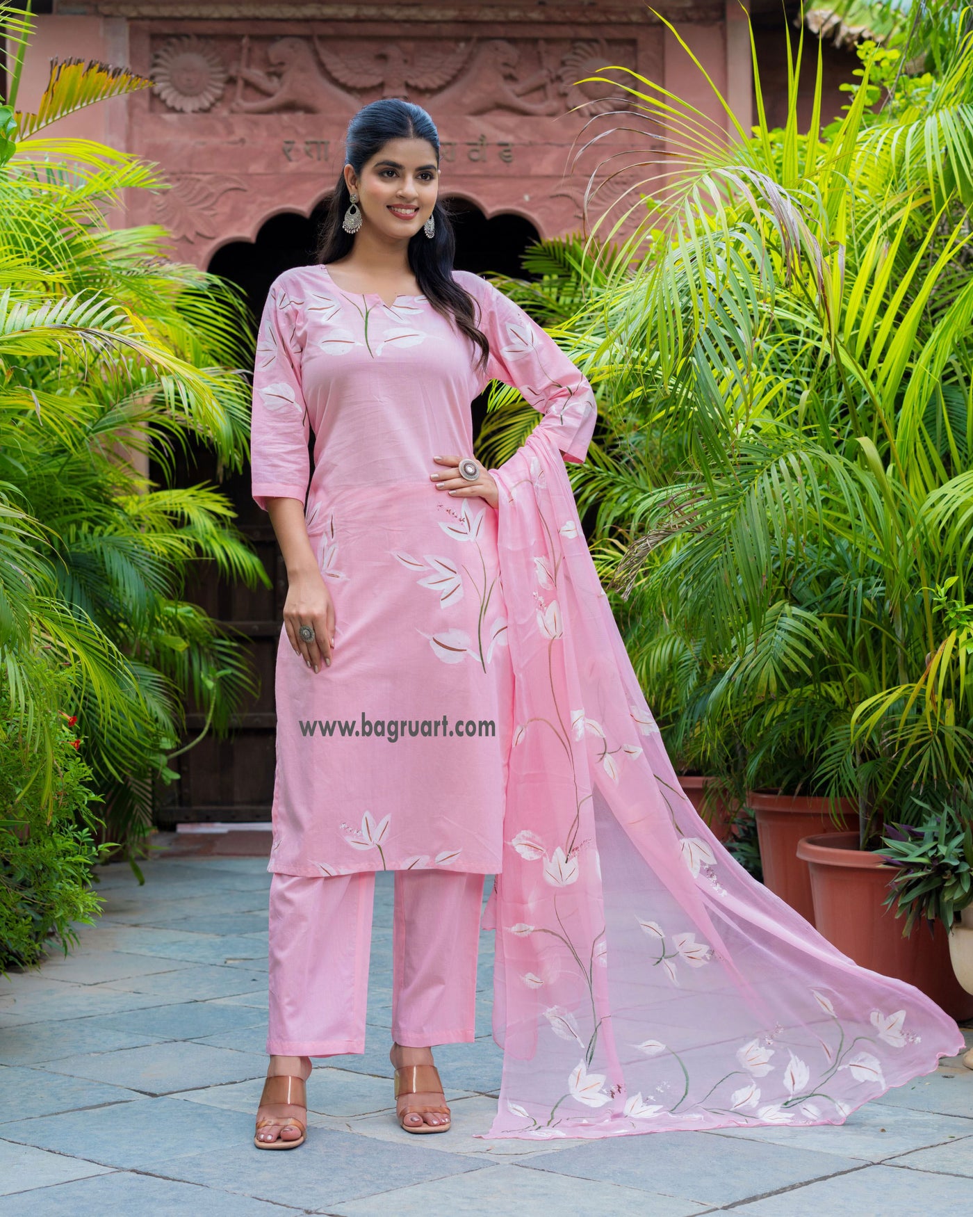 Soft Pink Floral Handpaint Cotton Suit with Chiffon Dupatta ( SC1857 )