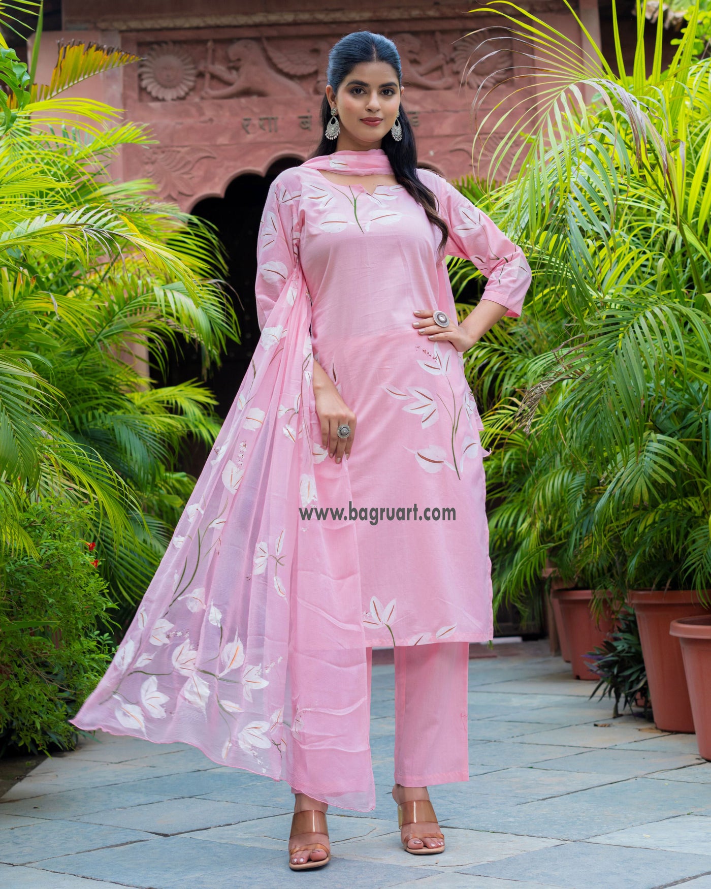 Soft Pink Floral Handpaint Cotton Suit with Chiffon Dupatta ( SC1857 )