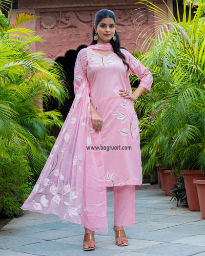 Soft Pink Floral Handpaint Cotton Suit with Chiffon Dupatta ( SC1857 )