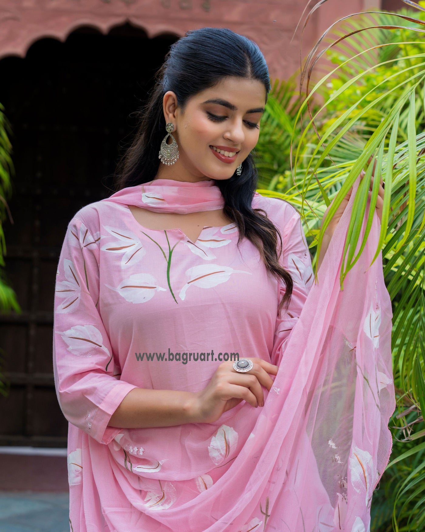 Soft Pink Floral Handpaint Cotton Suit with Chiffon Dupatta ( SC1857 )